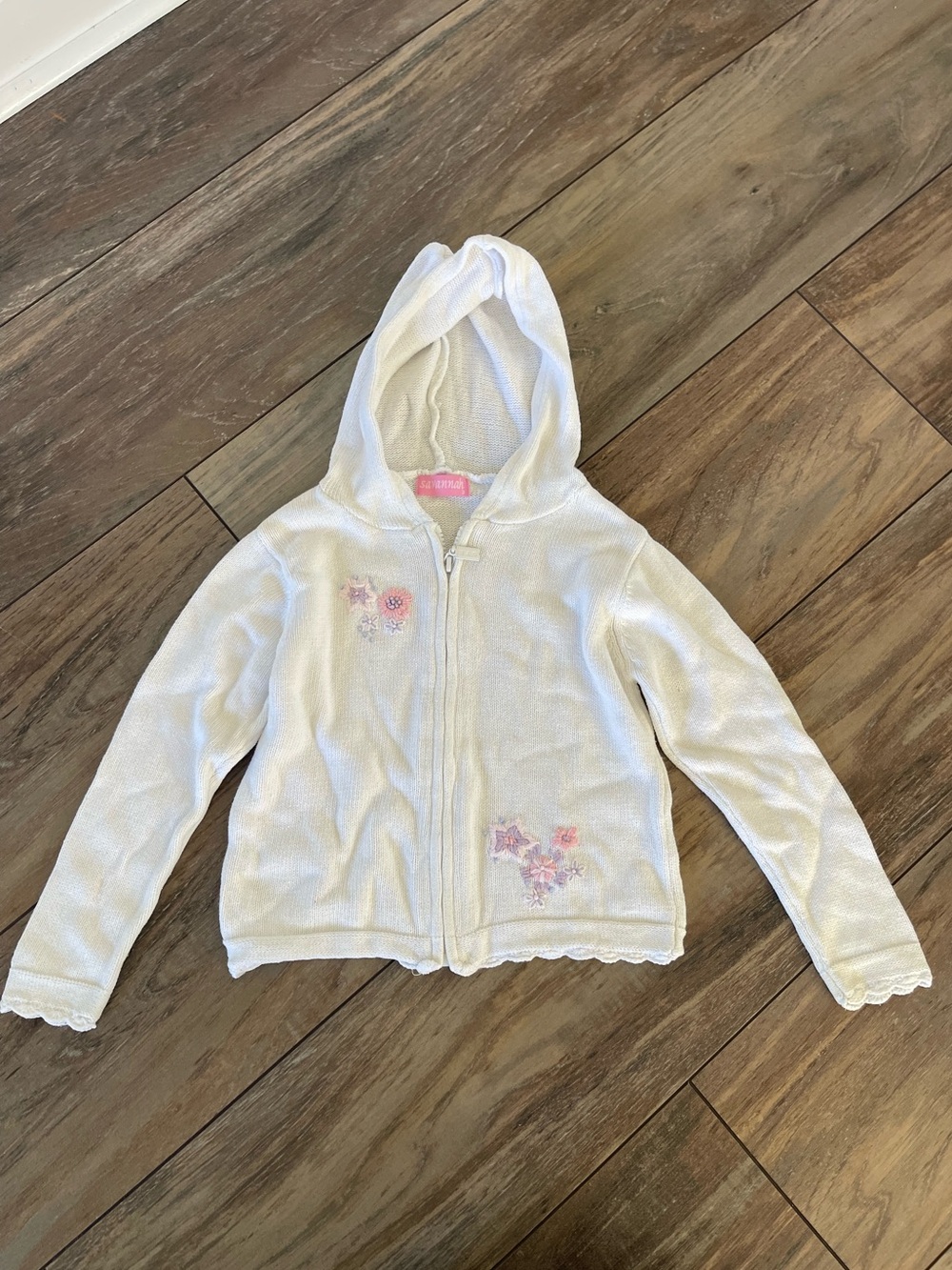 Savannah Girls White Knit with embroidered floral pink & purple Zip-Up Hoodie 3T